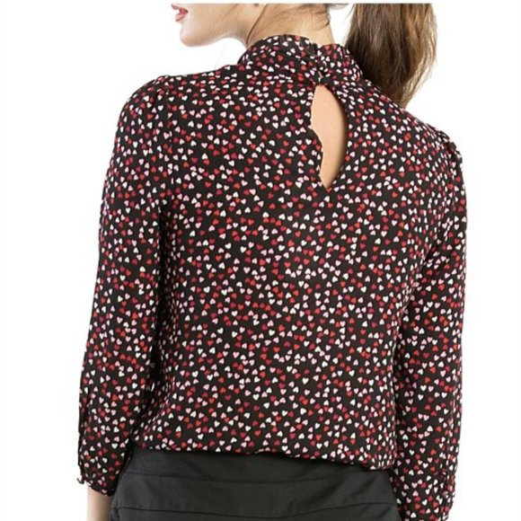 REVIEW Scattered Hearts Black Red Pink Love Heart Long Sleeve Office Blouse Top - Picture 3 of 8